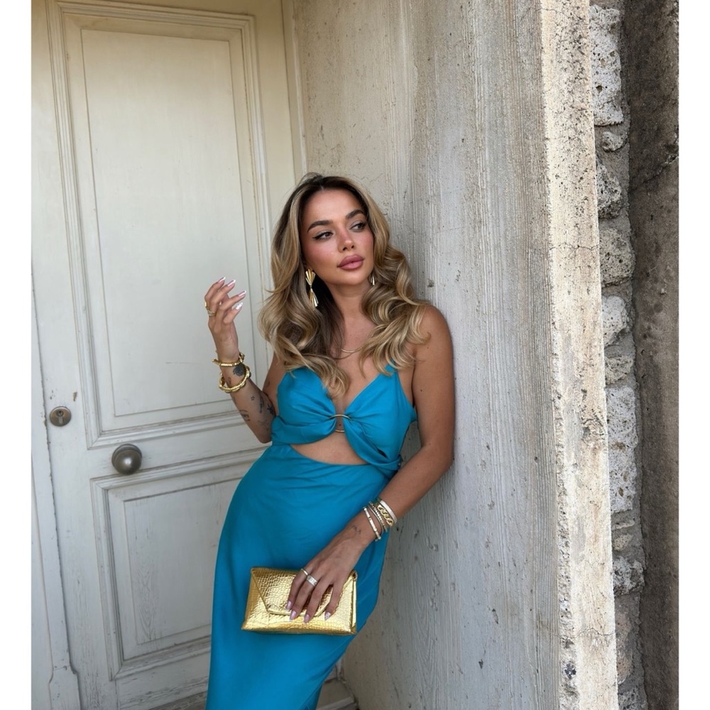 Zara satin effect sweetheart neckline midi dress